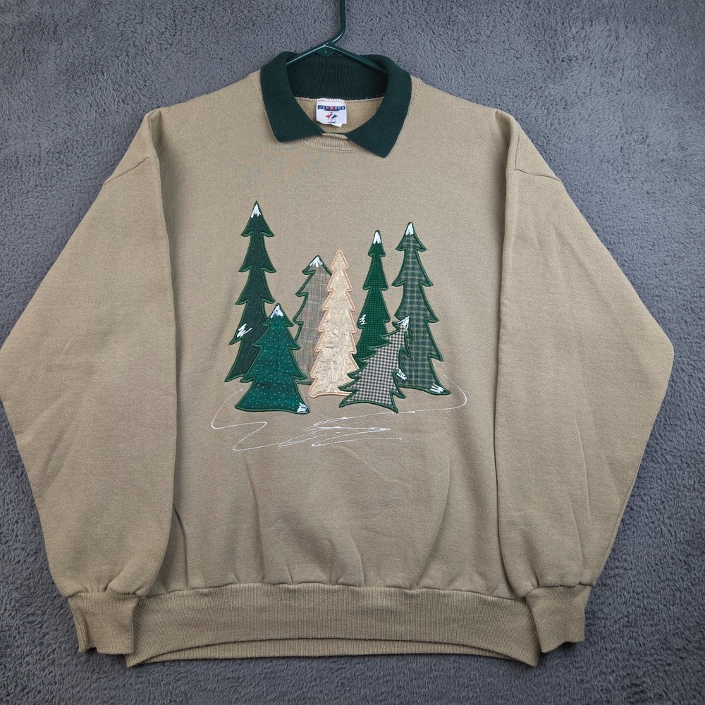 Vintage Christmas Sweatshirt Women's Extra Large Double Collar Trees Holiday